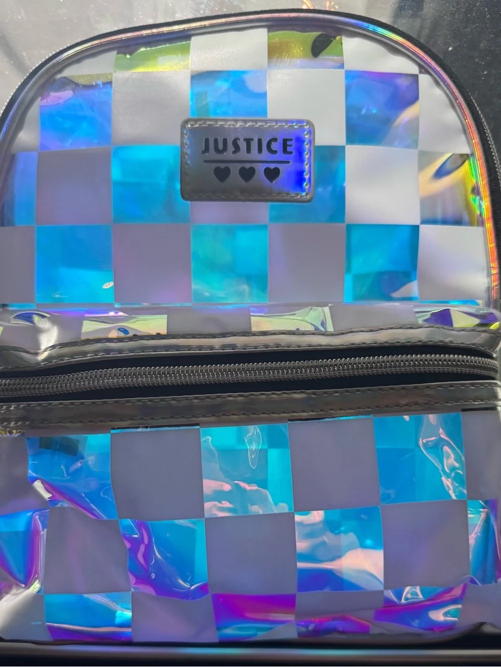Justice Holographic Blue and White Checkered Mini Backpack